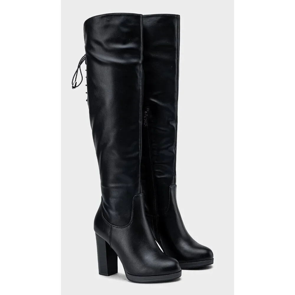 Women Blackpu-imitation Grain Synthetic suede Thigh High Over The Knee Tall Boot